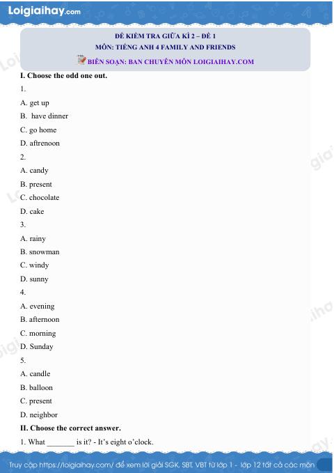 Đề thi giữa kì 2 Tiếng Anh 4 Family and Friends - Đề số 1